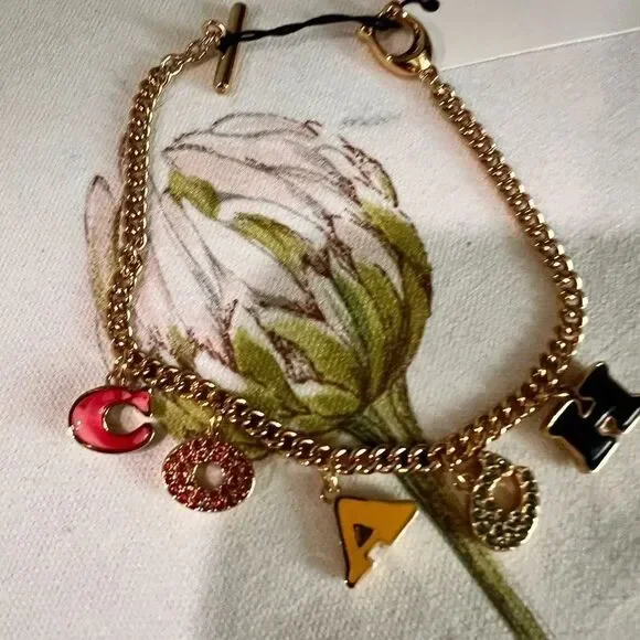 NWT COACH Pavé Crystal Enamel Logo Charm Signature Letters Bracelet Gold #TSBR - Picture 2 of 8